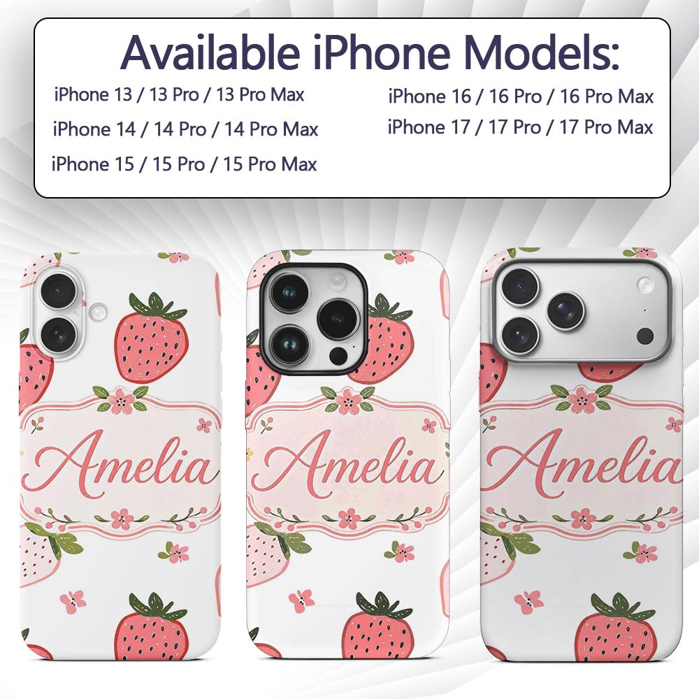 Cute Strawberry Minimal Floral Soft Seamless Custom Name Protective Phone Case Mobile Cover Durable Everyday Smartphone Shock Resistant