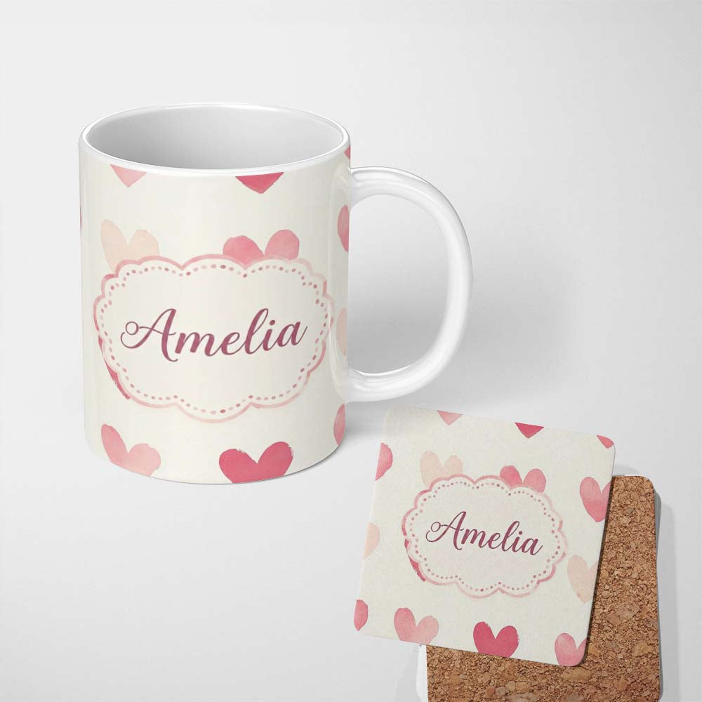 Personalized Custom Name Soft Watercolor Pink Hearts Romantic Seamless Pattern Name Cute 11oz Ceramic Coffee Tea Mug White Large Handle