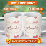 Personalized Custom Name Soft Watercolor Pink Hearts Romantic Seamless Pattern Name Cute 11oz Ceramic Coffee Tea Mug White Large Handle