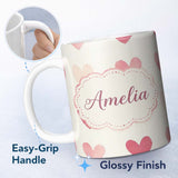 Personalized Custom Name Soft Watercolor Pink Hearts Romantic Seamless Pattern Name Cute 11oz Ceramic Coffee Tea Mug White Large Handle