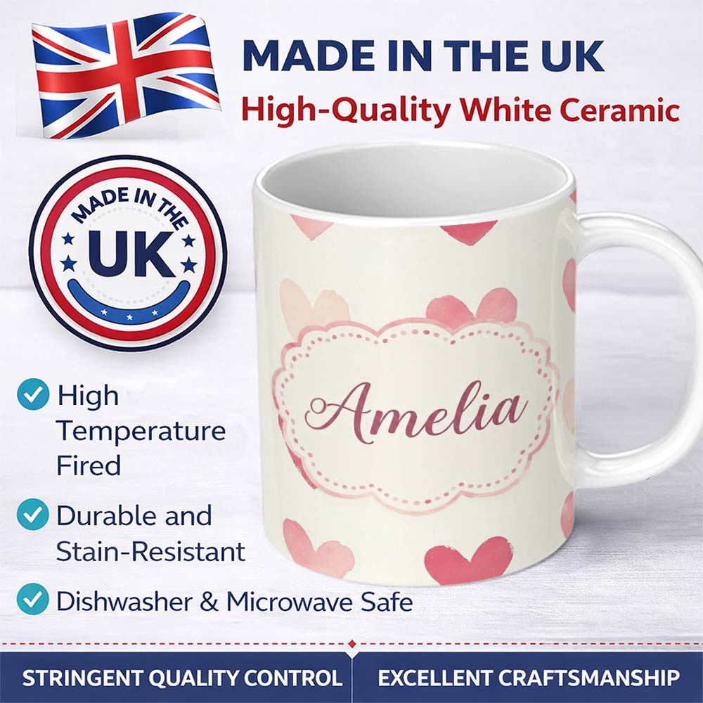 Personalized Custom Name Soft Watercolor Pink Hearts Romantic Seamless Pattern Name Cute 11oz Ceramic Coffee Tea Mug White Large Handle