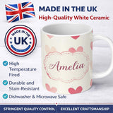 Personalized Custom Name Soft Watercolor Pink Hearts Romantic Seamless Pattern Name Cute 11oz Ceramic Coffee Tea Mug White Large Handle