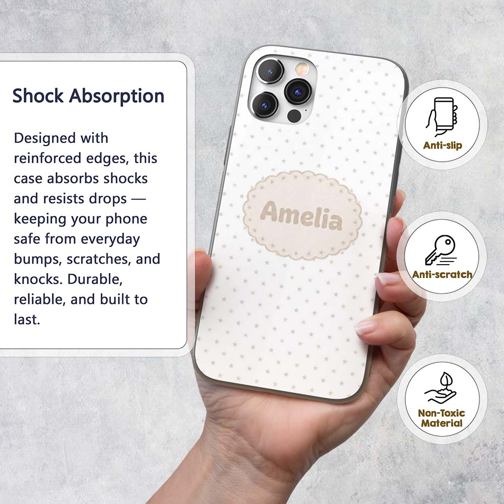 Minimal Gold Star Seamless Pattern on Soft White Custom Name Protective Phone Case Mobile Cover Durable Everyday Smartphone Shock Resistant