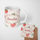 Personalized Custom Name Cute Strawberry Floral Sweet Pastel Seamless Pattern Name Unique 11oz Ceramic Coffee Tea Mug White Large Handle
