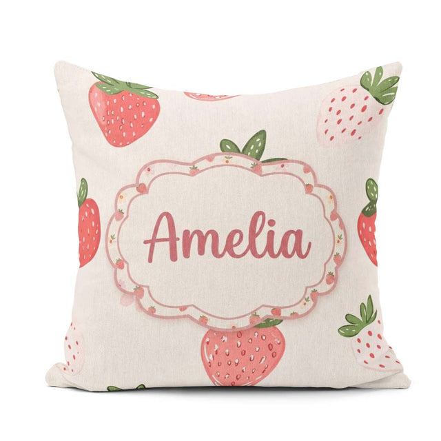 Custom Name Strawberry Floral Sweet Pastel Seamless Pattern Name Square Filled Cushion Throw Pillow Sofa Bed Home Decor Zip Washable UK Made