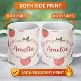 Personalized Custom Name Cute Strawberry Floral Sweet Pastel Seamless Pattern Name Unique 11oz Ceramic Coffee Tea Mug White Large Handle