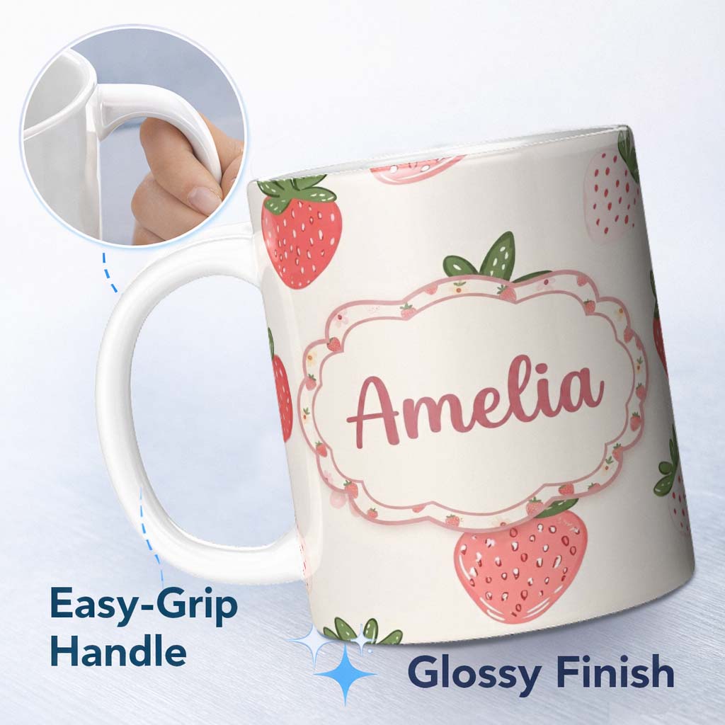 Personalized Custom Name Cute Strawberry Floral Sweet Pastel Seamless Pattern Name Unique 11oz Ceramic Coffee Tea Mug White Large Handle