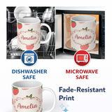 Personalized Custom Name Cute Strawberry Floral Sweet Pastel Seamless Pattern Name Unique 11oz Ceramic Coffee Tea Mug White Large Handle