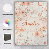 Personalised Name Peach Floral Moon Seamless Pattern Stylish Everyday Custom Home Unique Canvas Wall Art Print Decor Picture Ready to Hang
