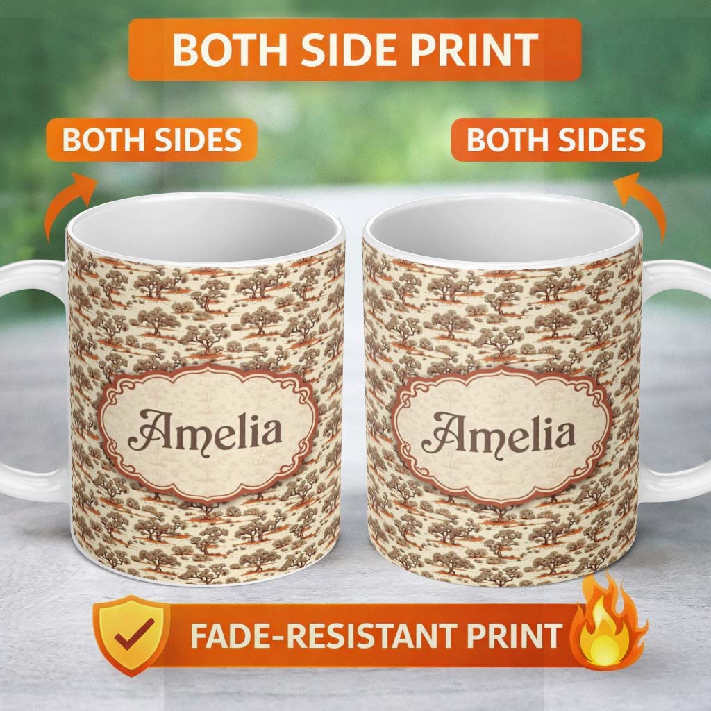 Personalized Custom Name Rustic Desert Tree Scenic Repeat Seamless Pattern Name Cute Unique 11oz Ceramic Coffee Tea Mug White Large Handle