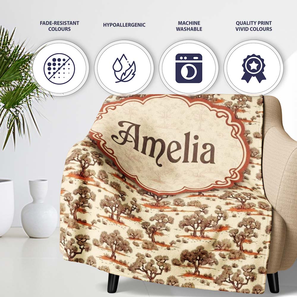 Rustic Desert Tree Scenic Repeat Seamless Pattern Name Cute Unique  Personalised Custom Name Super Soft Fleece Blanket Bed Sofa Throw