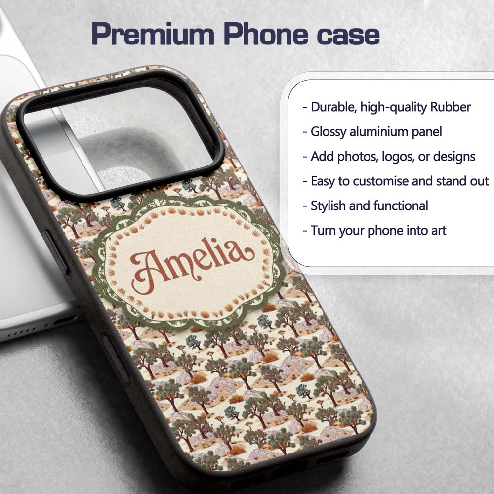 Desert Oasis Trees Rocks Scenic Seamless Pattern Custom Name Protective Phone Case Mobile Cover Durable Everyday Smartphone Shock Resistant