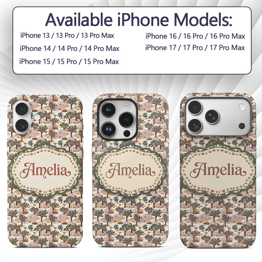 Desert Oasis Trees Rocks Scenic Seamless Pattern Custom Name Protective Phone Case Mobile Cover Durable Everyday Smartphone Shock Resistant