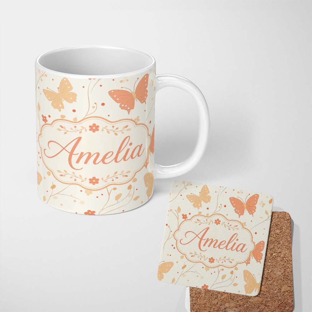 Personalized Custom Name Soft Peach Butterfly Floral Elegant Seamless Pattern Name Cute 11oz Ceramic Coffee Tea Mug White Large Handle