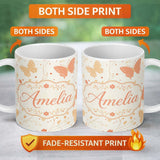 Personalized Custom Name Soft Peach Butterfly Floral Elegant Seamless Pattern Name Cute 11oz Ceramic Coffee Tea Mug White Large Handle