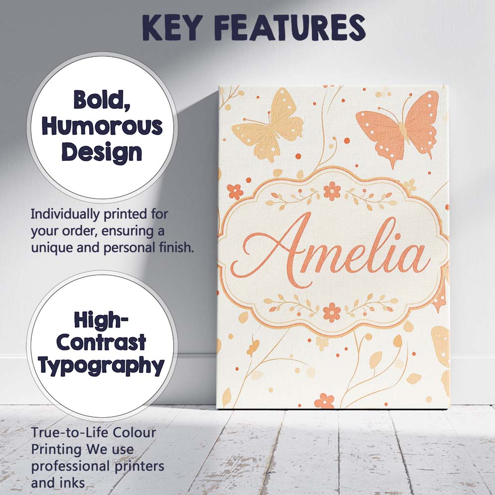 Personalised Name Soft Peach Butterfly Custom  Modern Room Accent Elegant Feature Canvas Wall Art Print Decor Picture Ready to Hang