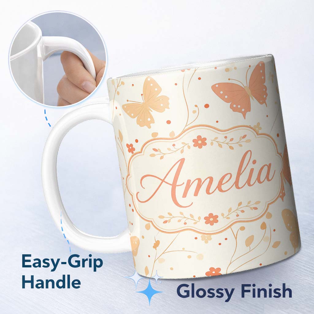 Personalized Custom Name Soft Peach Butterfly Floral Elegant Seamless Pattern Name Cute 11oz Ceramic Coffee Tea Mug White Large Handle