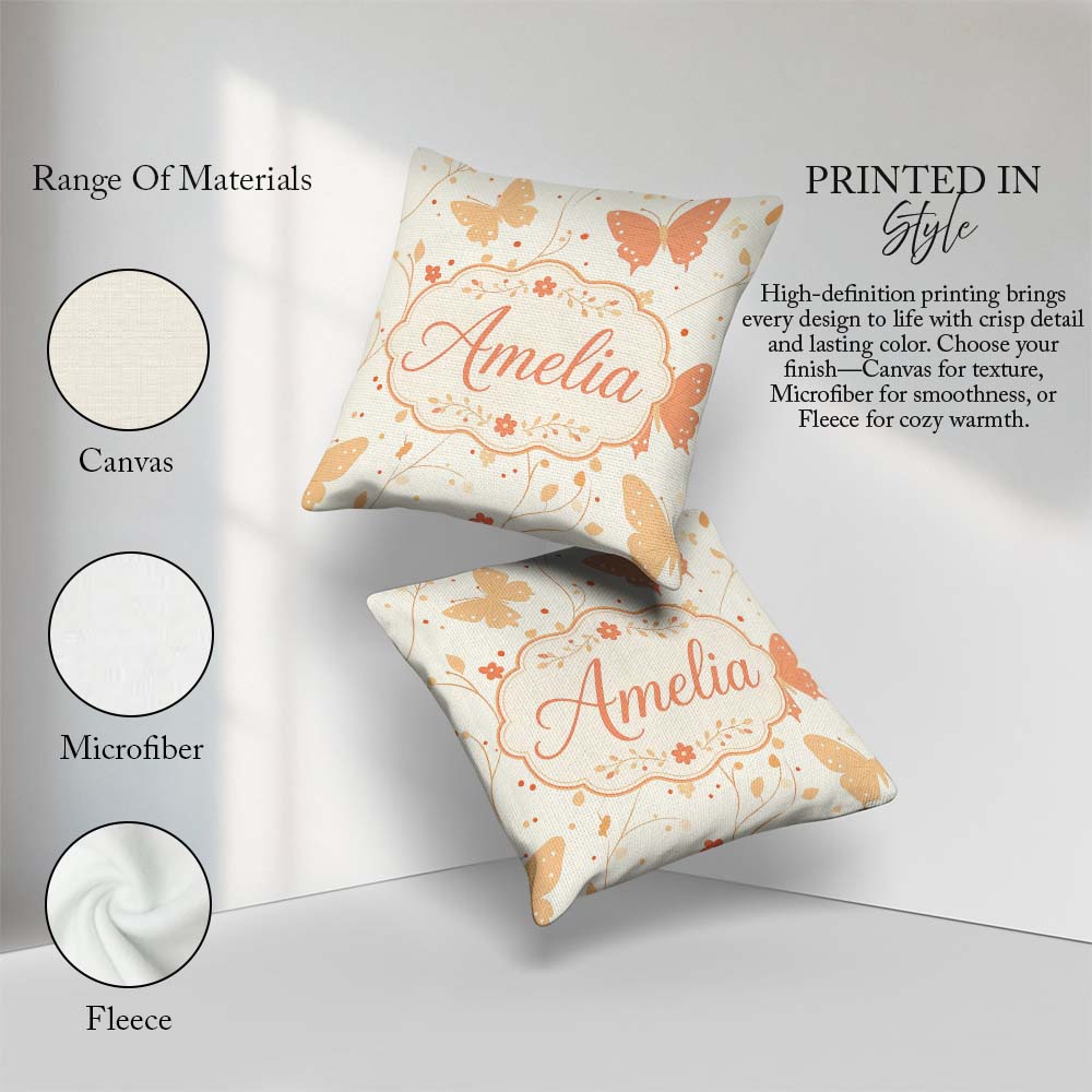 Custom Name Soft Peach Floral Elegant Seamless Pattern Name Cute Square Filled Cushion Throw Pillow Sofa Bed Home Decor Zip Washable UK Made
