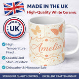 Personalized Custom Name Soft Peach Butterfly Floral Elegant Seamless Pattern Name Cute 11oz Ceramic Coffee Tea Mug White Large Handle