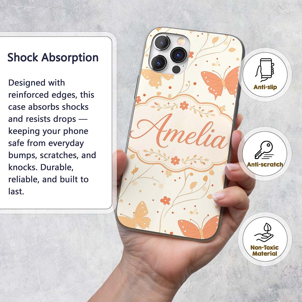 Soft Peach Butterfly Floral Elegant Seamless Custom Name Protective Phone Case Mobile Cover Durable Everyday Smartphone Shock Resistant