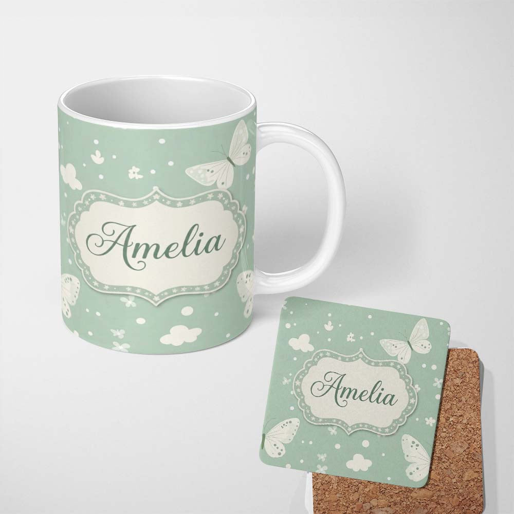 Personalized Custom Name Mint Green Butterfly Soft Dreamy Seamless Pattern Name Cute Unique 11oz Ceramic Coffee Tea Mug White Large Handle