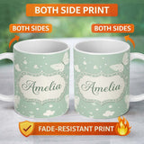 Personalized Custom Name Mint Green Butterfly Soft Dreamy Seamless Pattern Name Cute Unique 11oz Ceramic Coffee Tea Mug White Large Handle