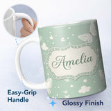 Personalized Custom Name Mint Green Butterfly Soft Dreamy Seamless Pattern Name Cute Unique 11oz Ceramic Coffee Tea Mug White Large Handle