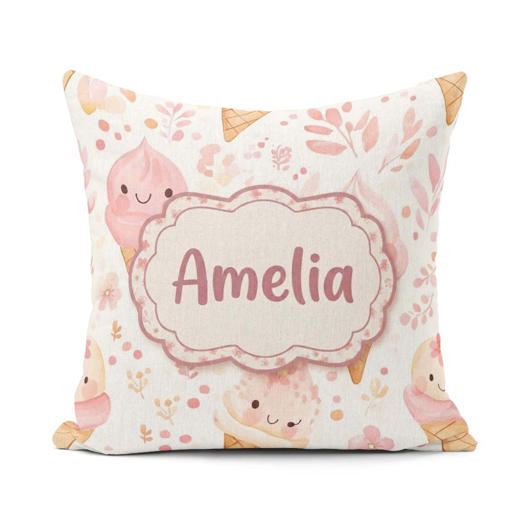 Custom Name Kawaii Ice Cream Floral Sweet Seamless Pattern Name Square Filled Cushion Throw Pillow Sofa Bed Home Decor Zip Washable UK Made