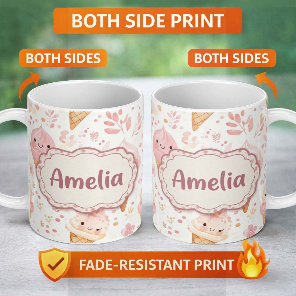 Personalized Custom Name Cute Kawaii Ice Cream Floral Sweet Seamless Pattern Name Unique Gift 11oz Ceramic Coffee Tea Mug White Large Handle