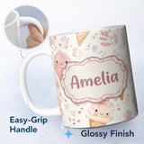 Personalized Custom Name Cute Kawaii Ice Cream Floral Sweet Seamless Pattern Name Unique Gift 11oz Ceramic Coffee Tea Mug White Large Handle