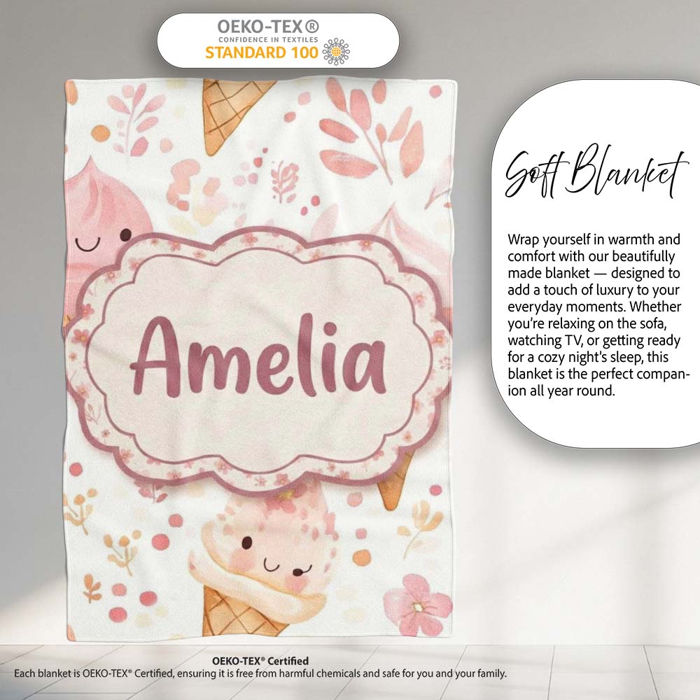 Cute Kawaii Ice Cream Floral Sweet Seamless Pattern Name Unique Gift  Personalised Custom Name Super Soft Fleece Blanket Bed Sofa Throw