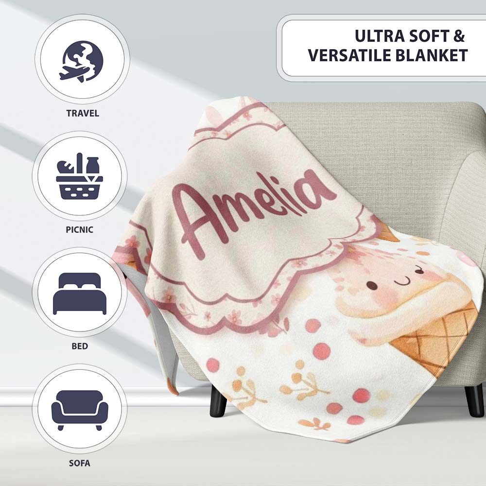 Cute Kawaii Ice Cream Floral Sweet Seamless Pattern Name Unique Gift  Personalised Custom Name Super Soft Fleece Blanket Bed Sofa Throw