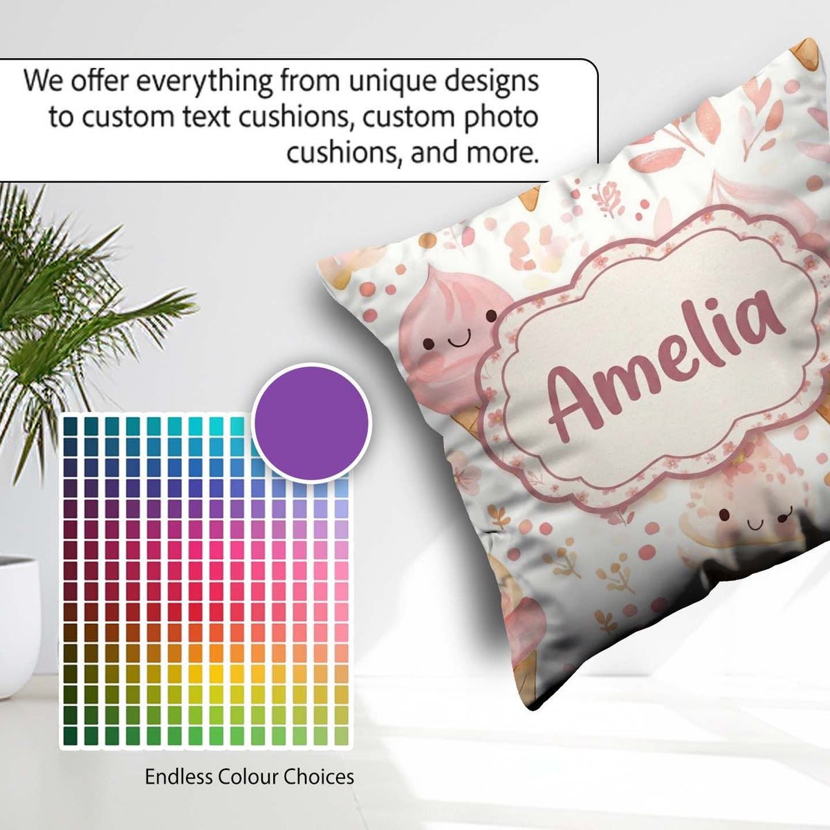 Custom Name Kawaii Ice Cream Floral Sweet Seamless Pattern Name Square Filled Cushion Throw Pillow Sofa Bed Home Decor Zip Washable UK Made