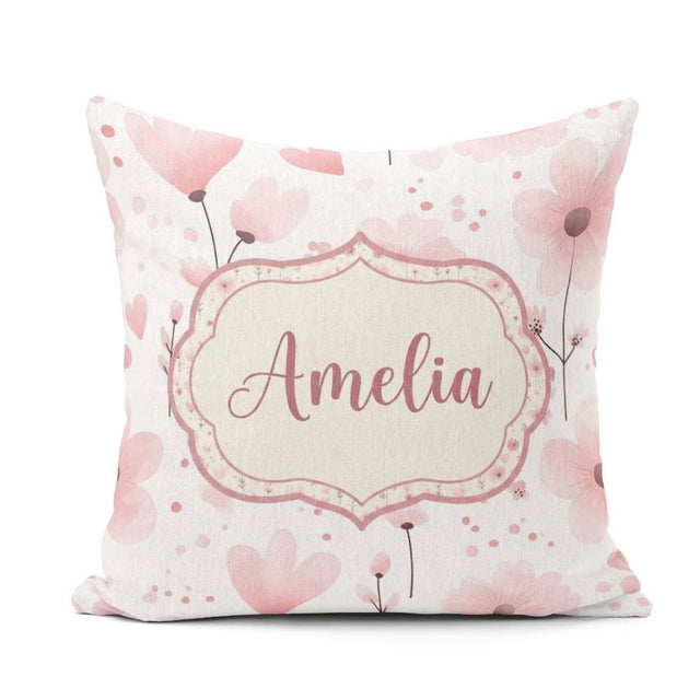 Custom Name Soft Pink Floral Blossom Romantic Seamless Name Cute Square Filled Cushion Throw Pillow Sofa Bed Home Decor Zip Washable UK Made