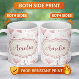 Personalized Custom Name Soft Pink Floral Blossom Romantic Seamless Pattern Name Cute Unique 11oz Ceramic Coffee Tea Mug White Large Handle
