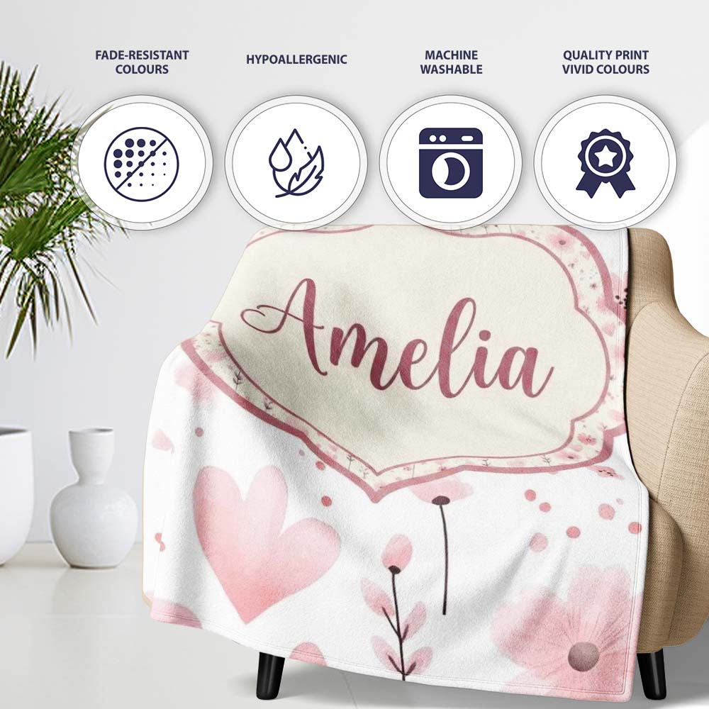 Soft Pink Floral Blossom Romantic Seamless Pattern Name Cute Unique  Personalised Custom Name Super Soft Fleece Blanket Bed Sofa Throw