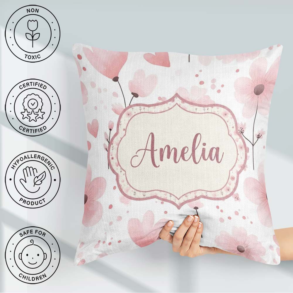 Custom Name Soft Pink Floral Blossom Romantic Seamless Name Cute Square Filled Cushion Throw Pillow Sofa Bed Home Decor Zip Washable UK Made