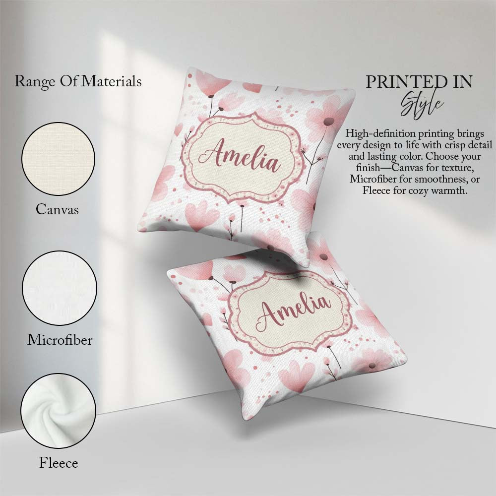 Custom Name Soft Pink Floral Blossom Romantic Seamless Name Cute Square Filled Cushion Throw Pillow Sofa Bed Home Decor Zip Washable UK Made