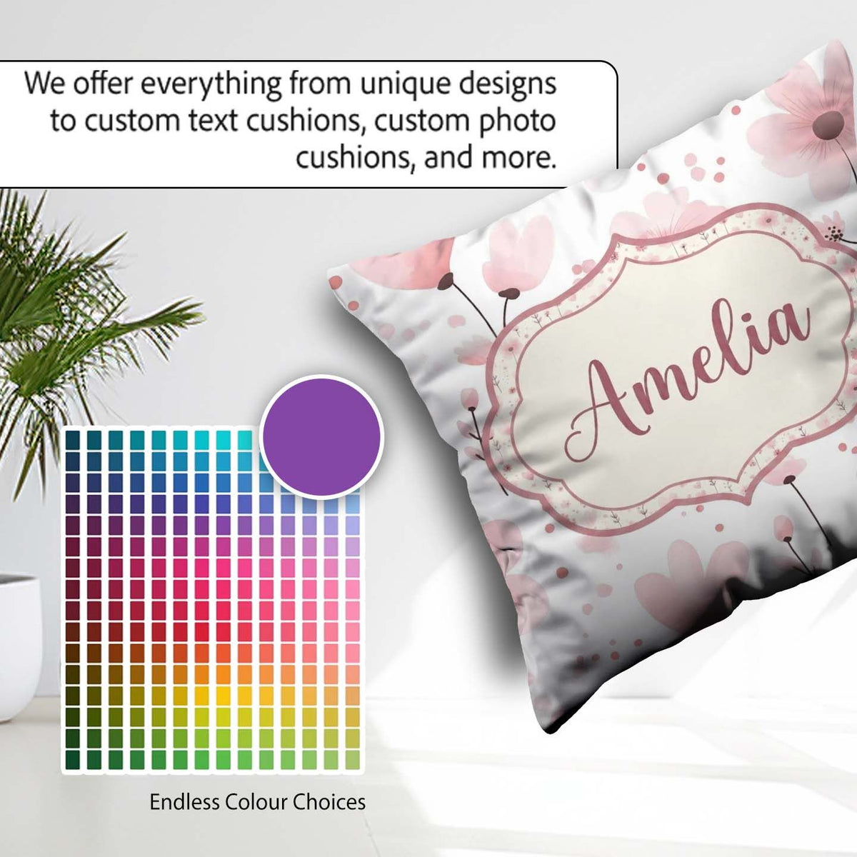 Custom Name Soft Pink Floral Blossom Romantic Seamless Name Cute Square Filled Cushion Throw Pillow Sofa Bed Home Decor Zip Washable UK Made
