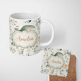 Personalized Custom Name Cute Baby Whale Ocean Floral Watercolor Seamless Pattern Name 11oz Ceramic Coffee Tea Mug White Large Handle