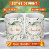 Personalized Custom Name Cute Baby Whale Ocean Floral Watercolor Seamless Pattern Name 11oz Ceramic Coffee Tea Mug White Large Handle