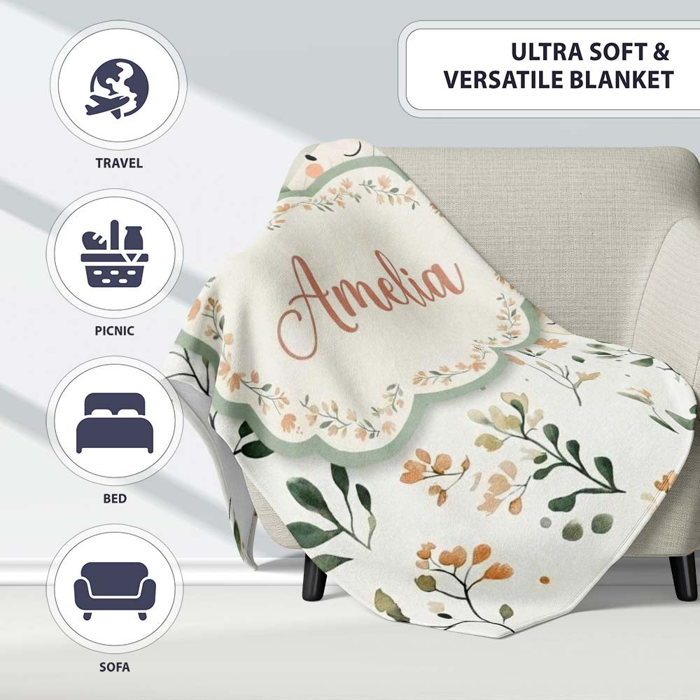 Cute Baby Whale Ocean Floral Watercolor Seamless Pattern Name  Personalised Custom Name Super Soft Fleece Blanket Bed Sofa Throw