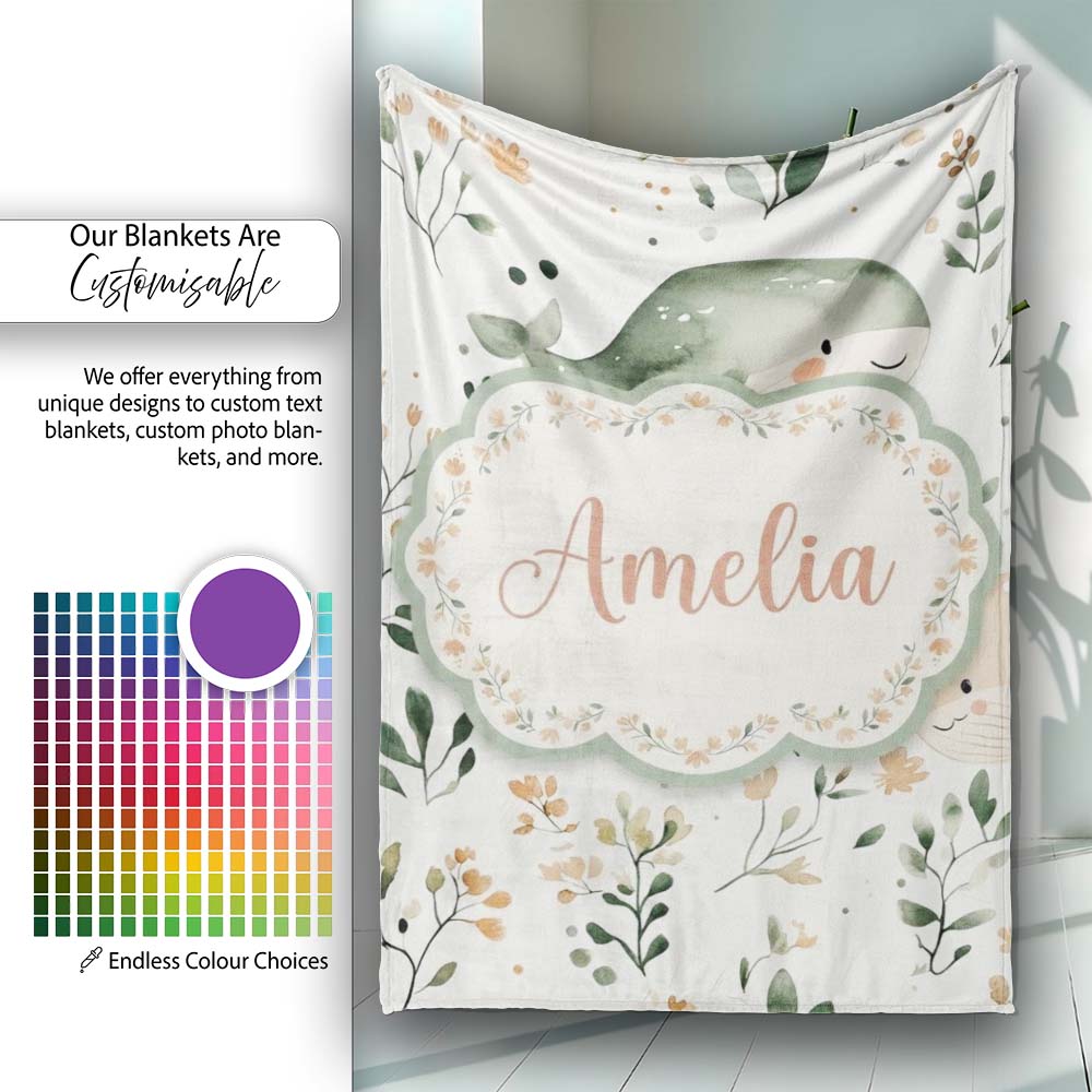 Cute Baby Whale Ocean Floral Watercolor Seamless Pattern Name  Personalised Custom Name Super Soft Fleece Blanket Bed Sofa Throw