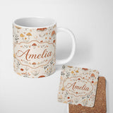Personalized Custom Name Whimsical Forest Mushroom Botanical Soft Seamless Pattern Custom 11oz Ceramic Coffee Tea Mug White Large Handle