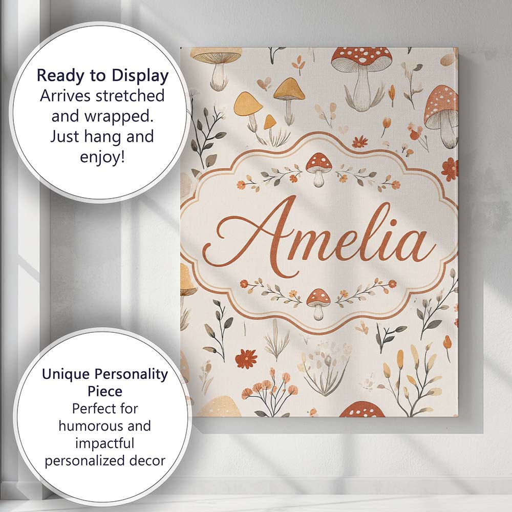 Personalised Name Whimsical Forest Mushroom Custom  Bespoke Interior Contemporary Canvas Wall Art Print Decor Picture Ready to Hang