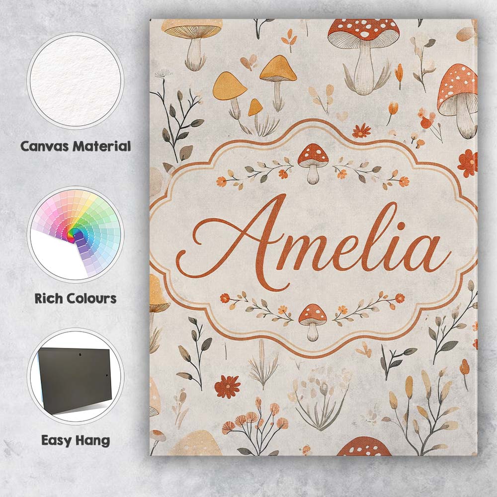 Personalised Name Whimsical Forest Mushroom Custom  Bespoke Interior Contemporary Canvas Wall Art Print Decor Picture Ready to Hang