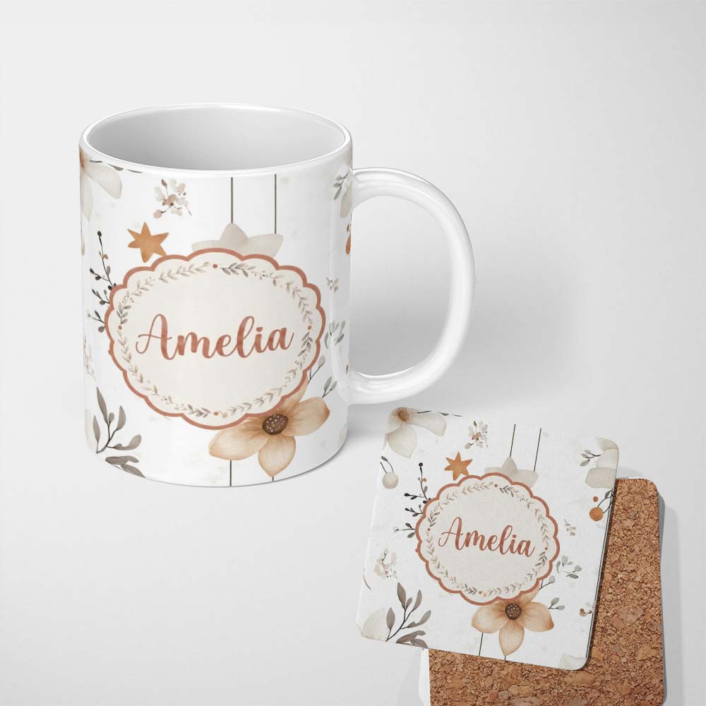 Personalized Custom Name Neutral Floral Star Nursery Watercolor Seamless Pattern Name Cute 11oz Ceramic Coffee Tea Mug White Large Handle