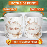 Personalized Custom Name Neutral Floral Star Nursery Watercolor Seamless Pattern Name Cute 11oz Ceramic Coffee Tea Mug White Large Handle