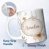 Personalized Custom Name Neutral Floral Star Nursery Watercolor Seamless Pattern Name Cute 11oz Ceramic Coffee Tea Mug White Large Handle