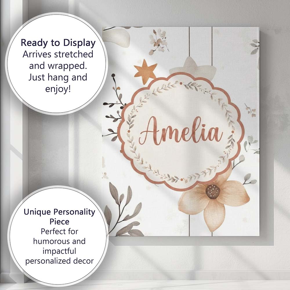 Personalised Name Neutral Floral Star Custom Modern Room Accent Creative Decorator Style Canvas Wall Art Print Decor Picture Ready to Hang